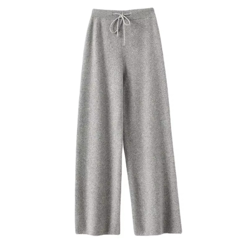 Women's high waist wide-leg woolen knit pants in neutral tones, cozy fall winter style with soft ribbed texture