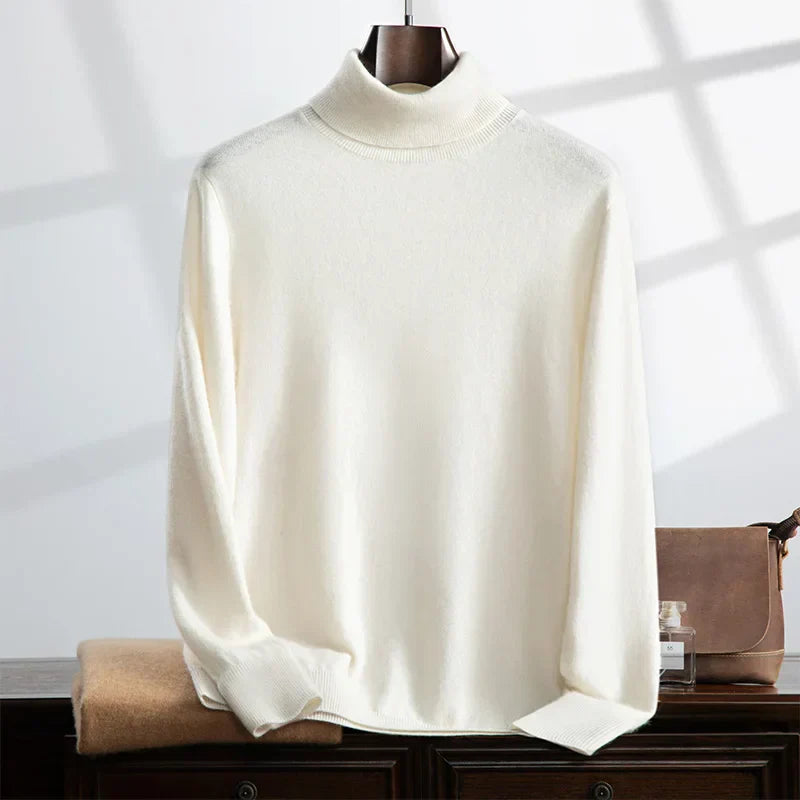 Men's camel cashmere-blend turtleneck sweater, relaxed fit with ribbed edges and soft knit texture