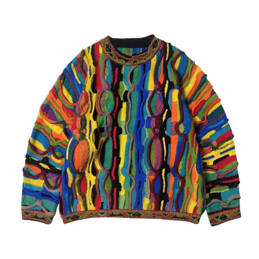 Multicolored loose-fit heritage knit wool sweater with ethnic jacquard pattern and vintage silhouette