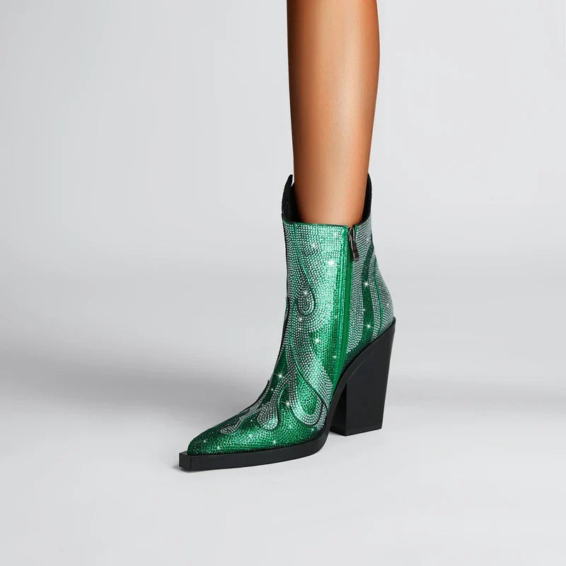 Women's ankle boots with flame silhouette cutout, rhinestone embellishments, and bold stage-ready dramatic styling