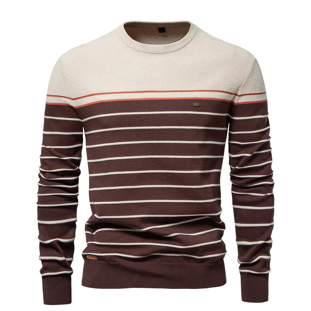 Men's striped crew neck sweater in classic multicolor pattern with modern slim fit design