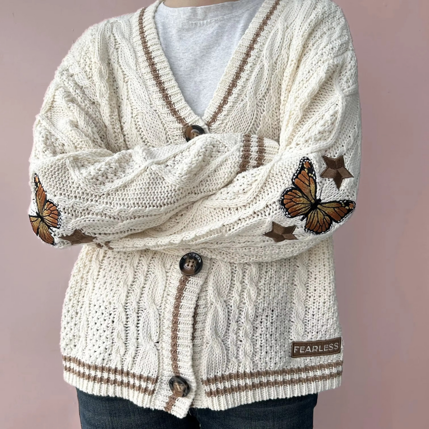 Women's rust knit cardigan with autumn maple leaf embroidery, cozy midweight relaxed fit