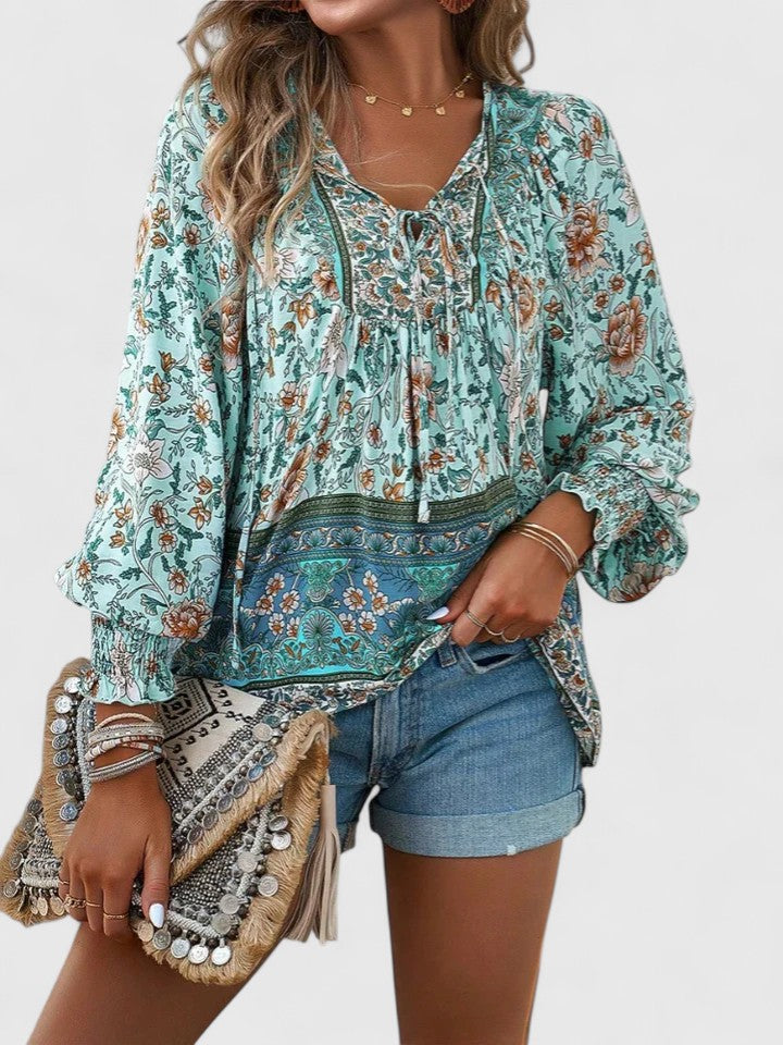 Women's pink floral boho blouse V-neck puff sleeve top with botanical print relaxed silhouette