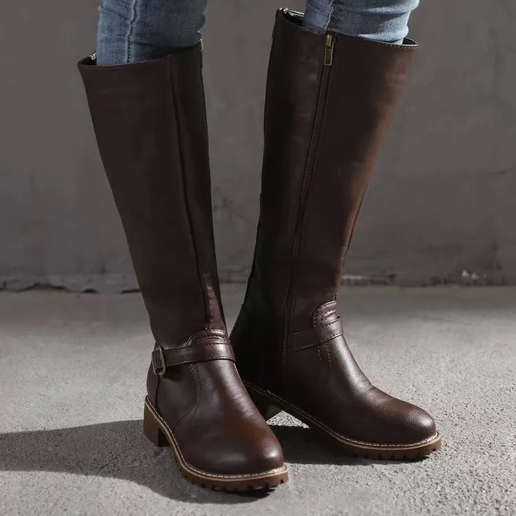 Women's knee-high premium leather comfort boots in classic tones with full-grain refined finish