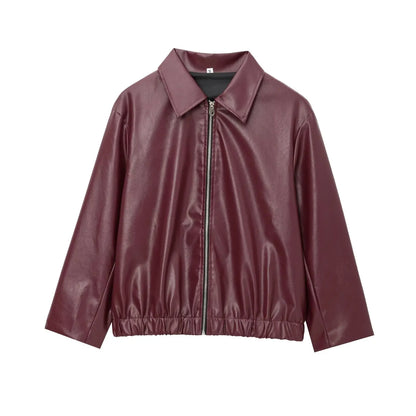 Women's black faux leather bomber jacket lightweight classic silhouette structured collar modern edge