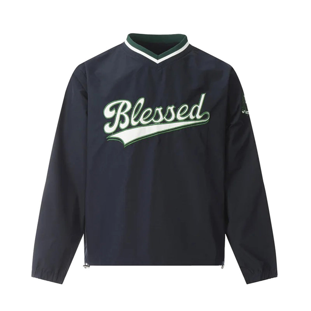 Blessed graphic cotton varsity pullover sweatshirt, loose fit V-neck in retro vintage streetwear style