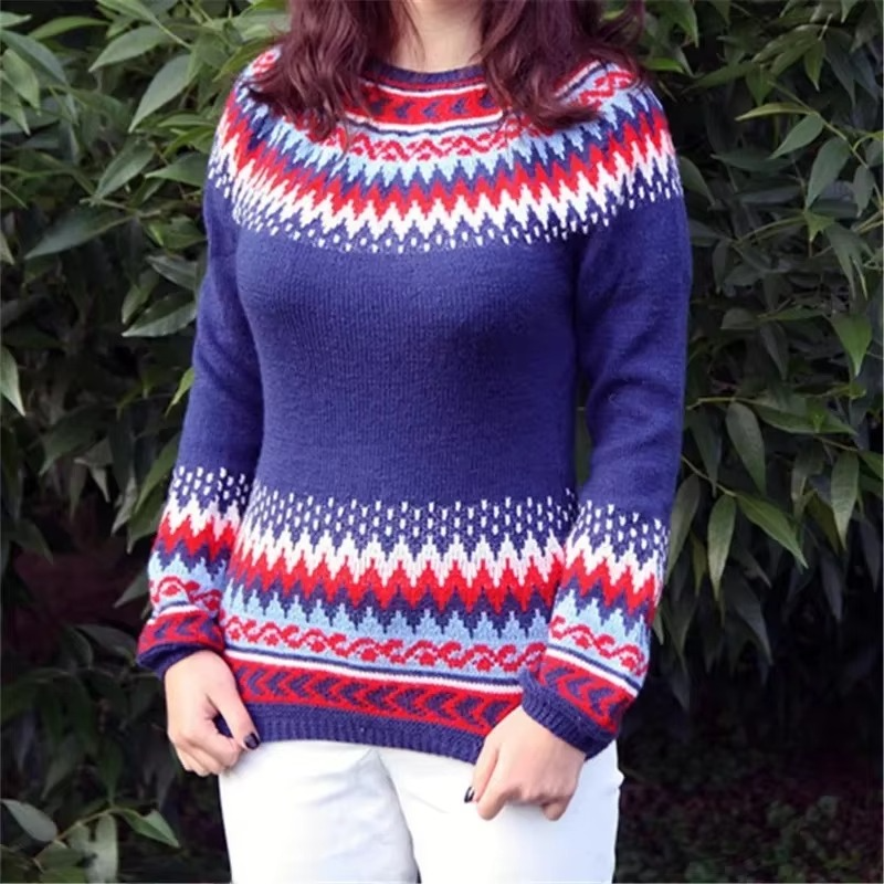 Color block loose fit women's knit top, round neck full sleeves, multicolor relaxed silhouette