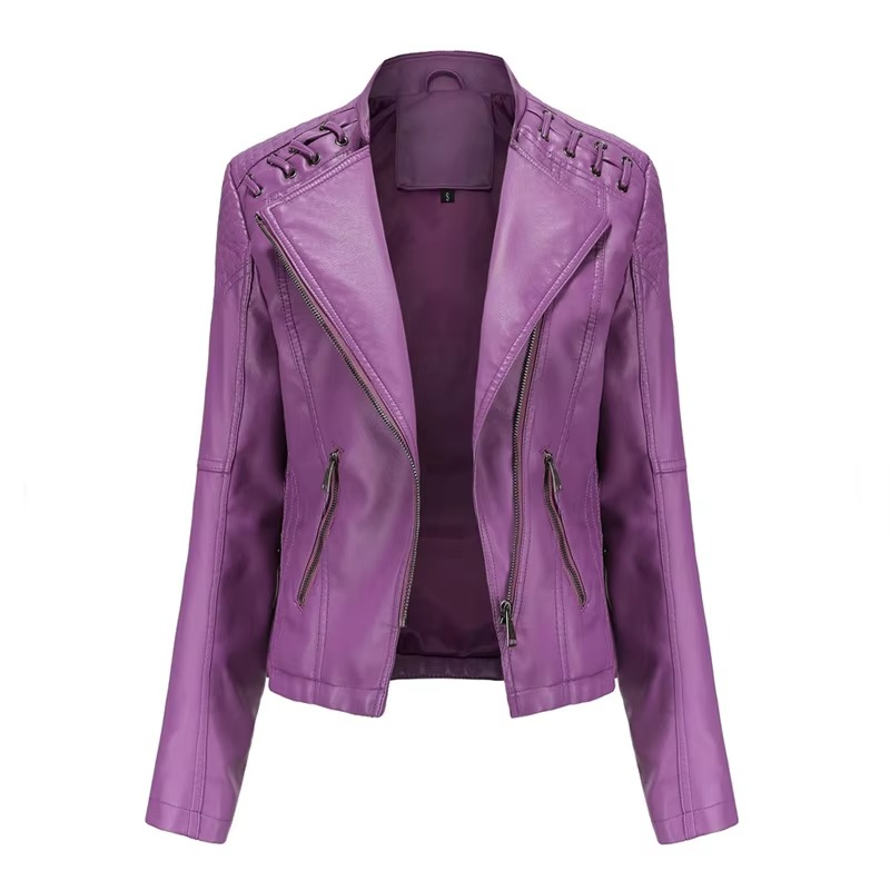 Women's black PU leather motorcycle jacket slim fit short zip-up with bold biker-style hardware