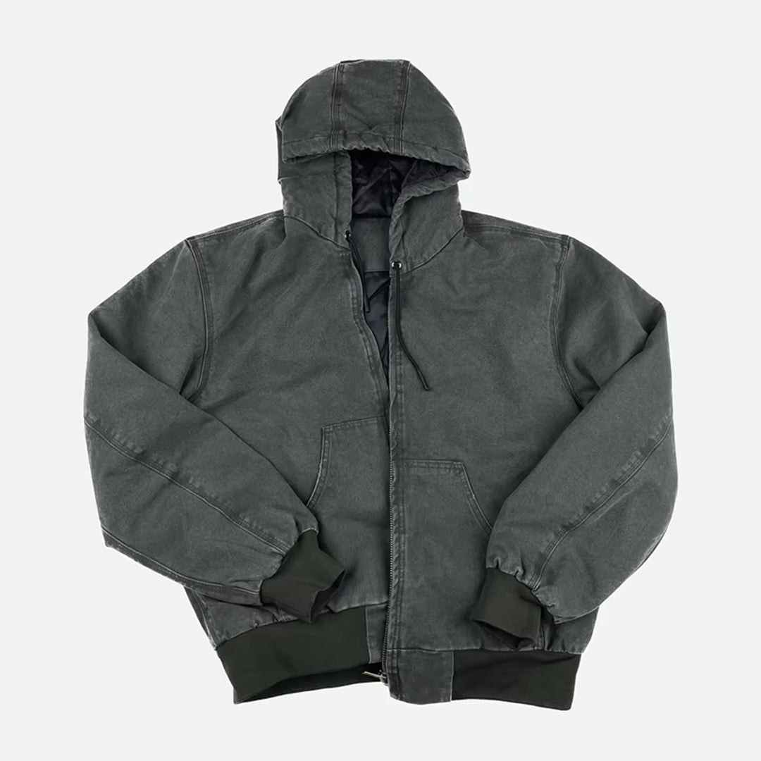 Washed canvas oversized hooded jacket with ribbed cuffs and subtle padding for warmth