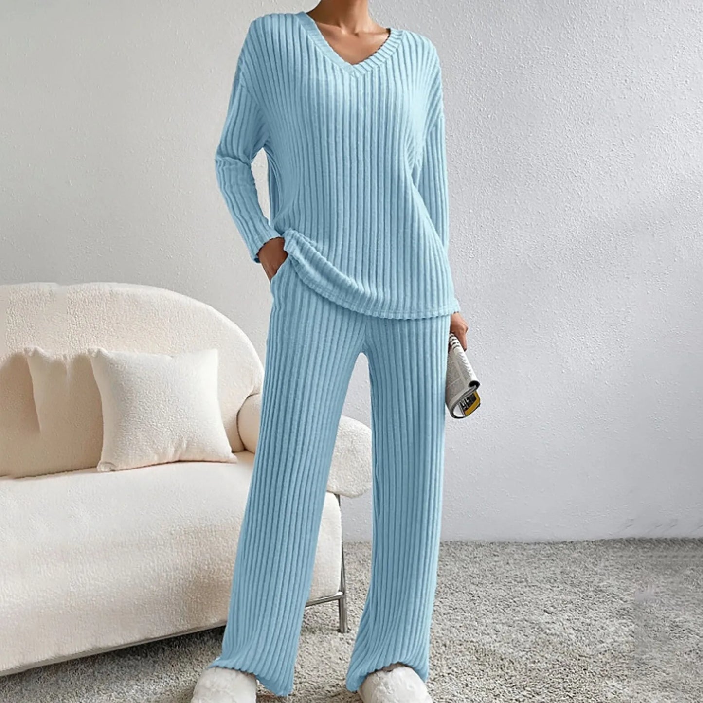 Ribbed knit 2-piece loungewear set in neutral tone with V-neck sweater and matching relaxed trousers