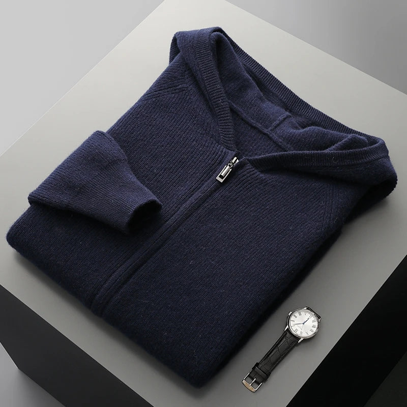 Men's charcoal wool zip-up hoodie heavyweight knit with structured hood full-length zipper