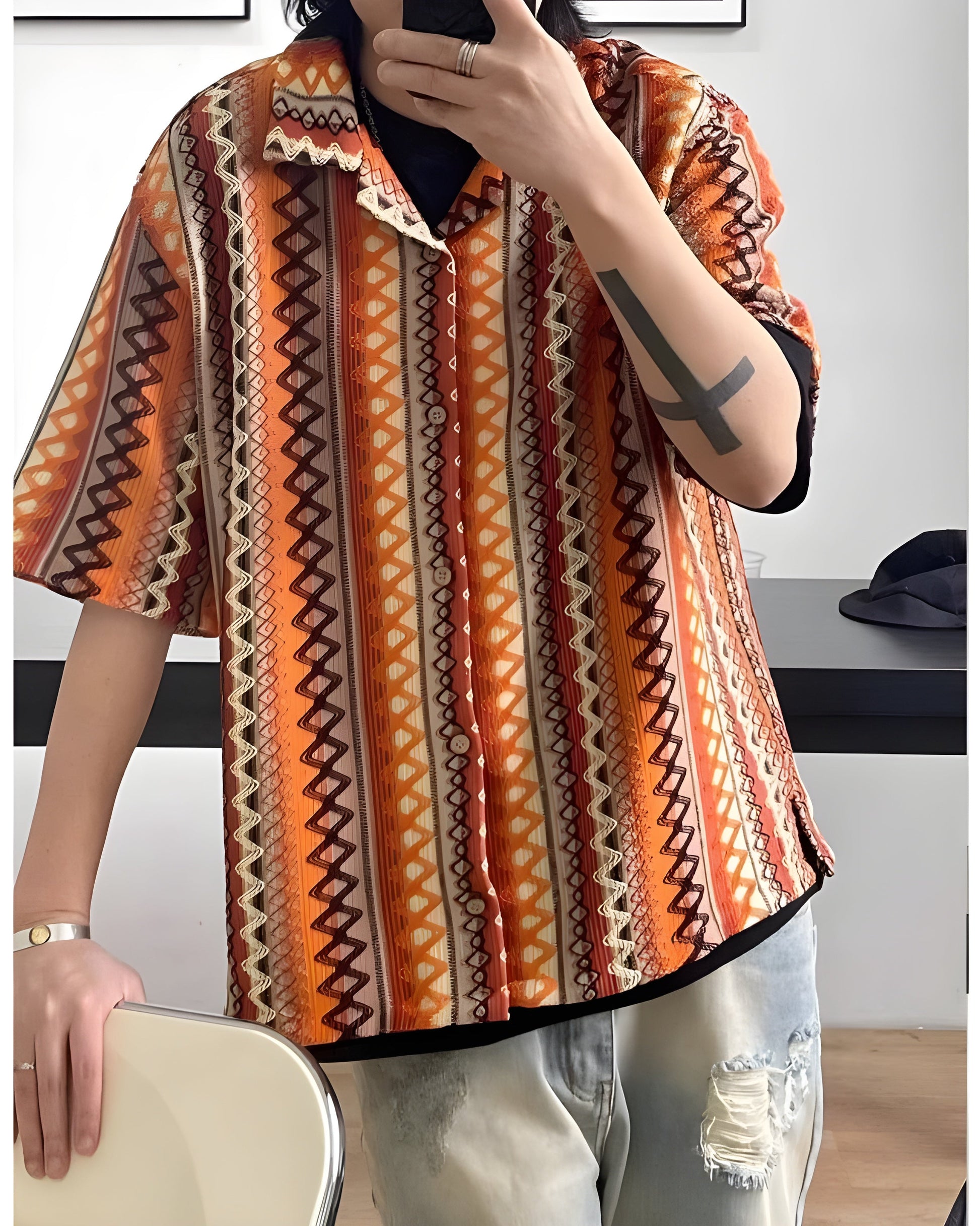 Oversized textured knit overshirt with zigzag diamond pattern in bright contrasting hues and Cuban collar