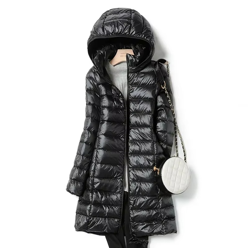 Women's lightweight long hooded down parka slim fit design for all-day warmth and effortless winter style