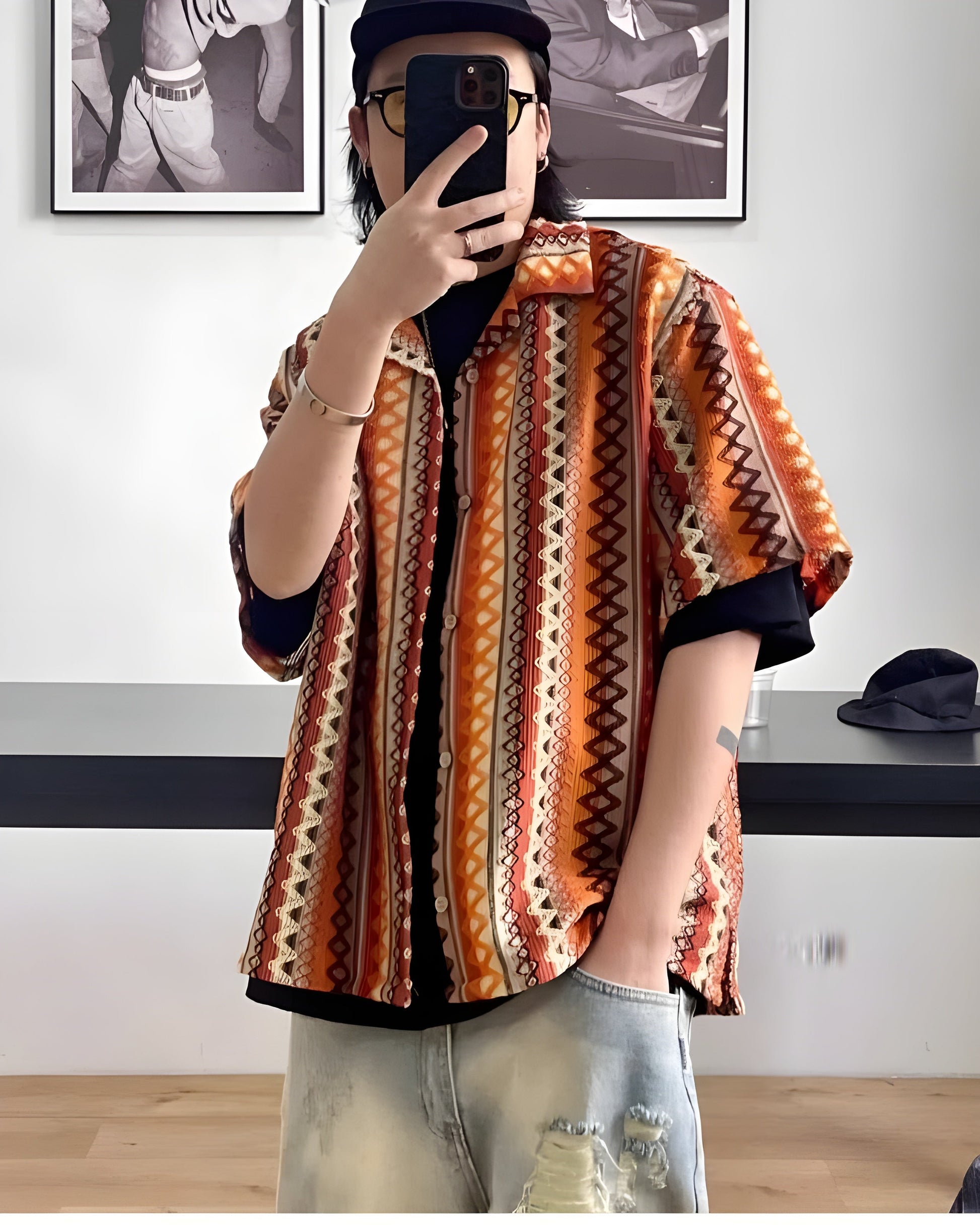 Oversized textured knit overshirt with zigzag diamond pattern in bright contrasting hues and Cuban collar
