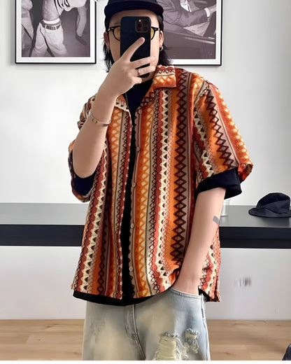 Oversized textured knit overshirt with zigzag diamond pattern in bright contrasting hues and Cuban collar