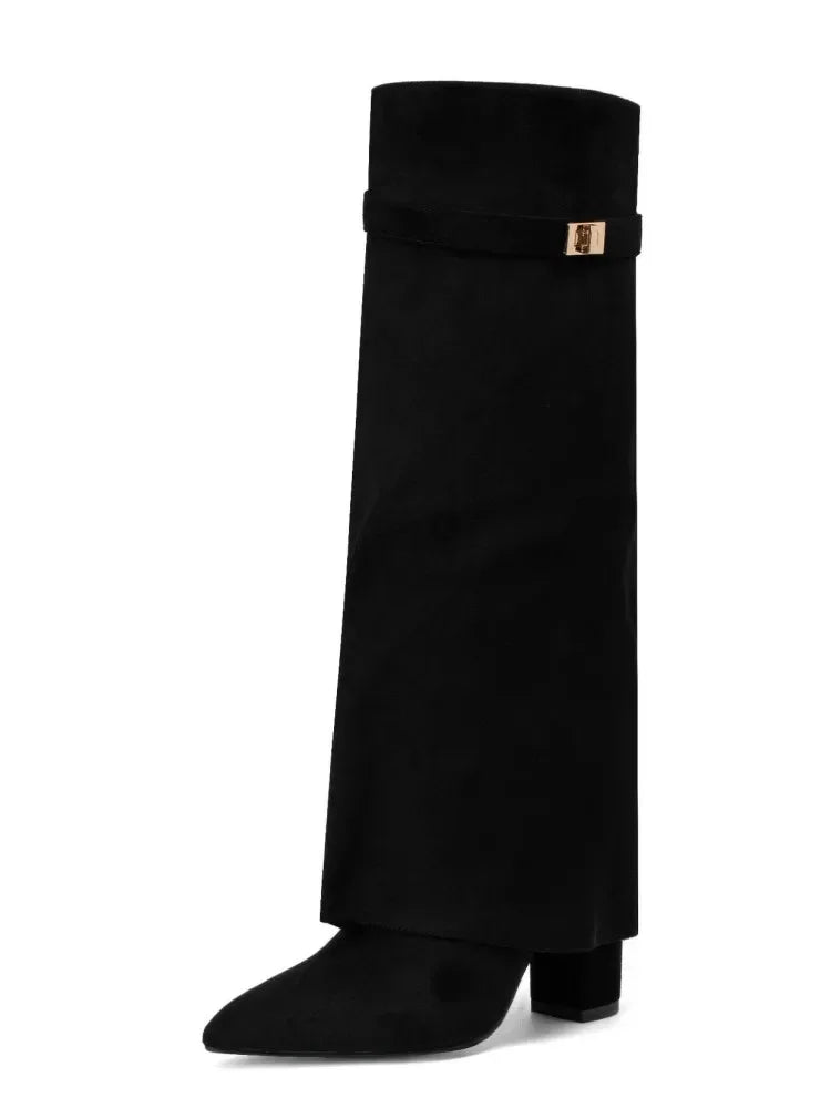 Black leather thigh-high boots with buckle detail, sculpted silhouette, women's fashion footwear