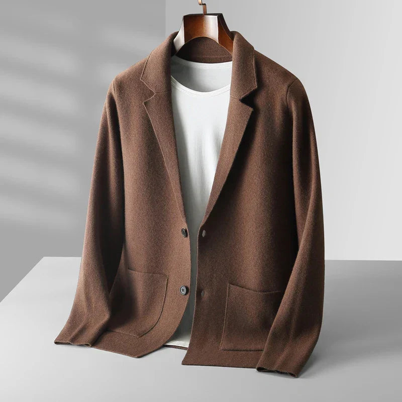 Men's wool cardigan tailored fit notched lapel patch pockets hip length heather gray Nordisk Flair