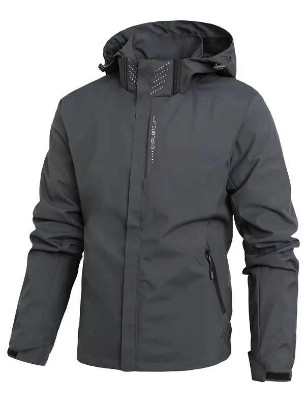 Men's lightweight packable waterproof hooded rain jacket for hiking, olive green, slim fit