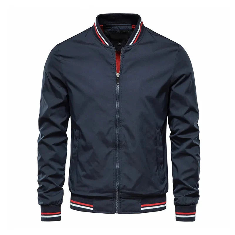 Men's olive green regular fit bomber jacket with ribbed trim and striped accents by Wavlynn