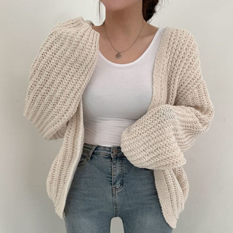 Women's oversized open-front chunky ribbed knit cardigan in neutral cozy casual dropped-shoulder style
