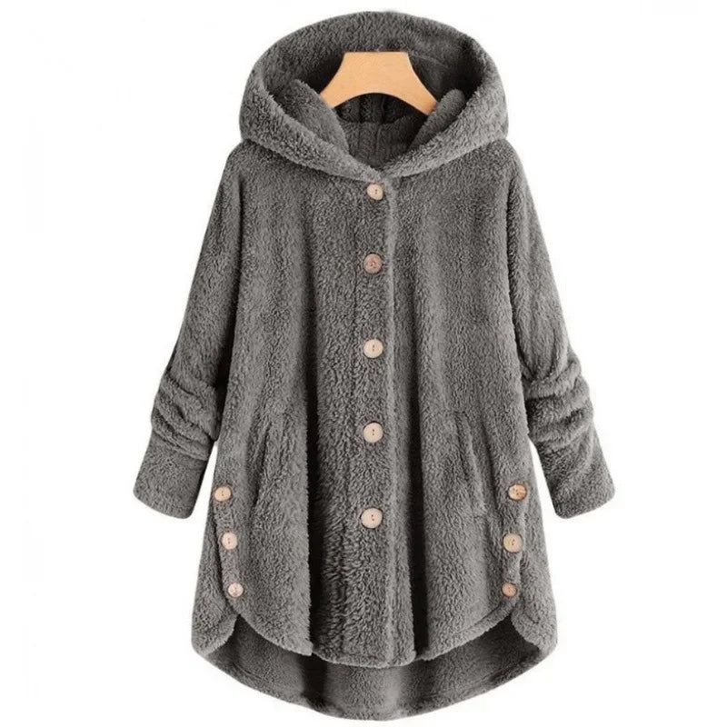 Women's plush fleece hooded jacket relaxed fit button front cozy texture in neutral tone