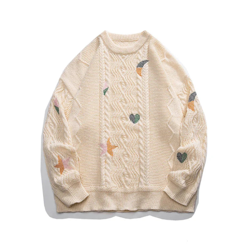 Men's heavyweight knit crew neck sweater relaxed fit with intricate embroidery artisan detail