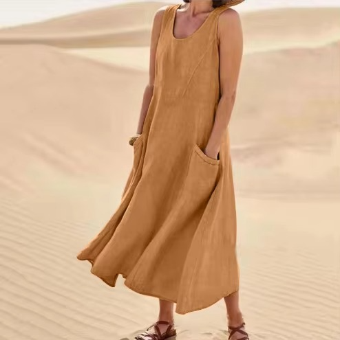 Women's beige cotton linen sleeveless maxi sundress, loose fit with pockets, breathable beachwear S-5XL