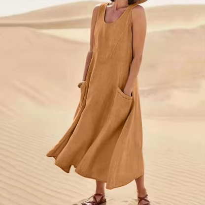 Women's beige cotton linen sleeveless maxi sundress, loose fit with pockets, breathable beachwear S-5XL