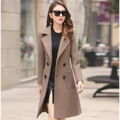 Isla classic slim-fit double-breasted wool winter coat with turn-down collar in neutral tone