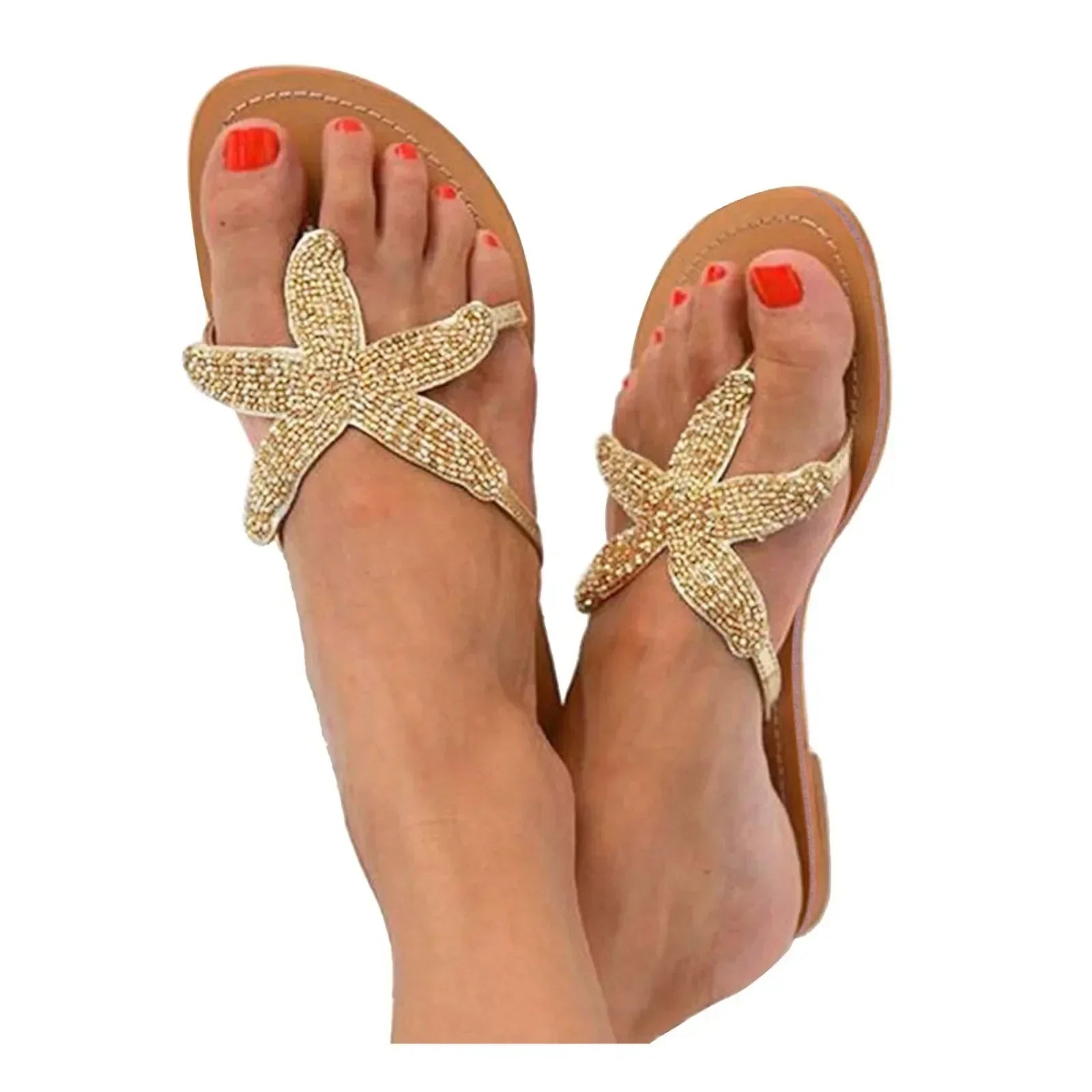 Women's beige slide sandals with sea star coastal design, cushioned sole, slip-on style