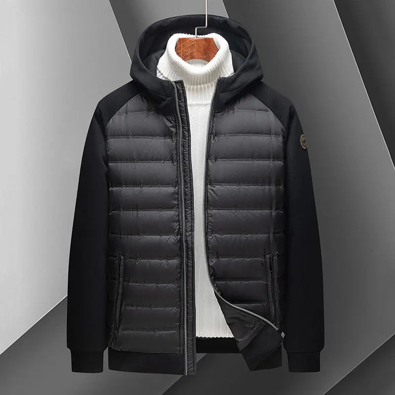 Lightweight insulated hoodie with ribbed synthetic body, fluffy down underlay, grainy-textured sleeves, loose sporty fit