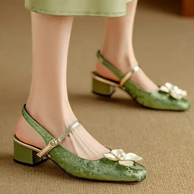 Women's floral slingback pumps square toe block heel with pearl-centered flower embellishment