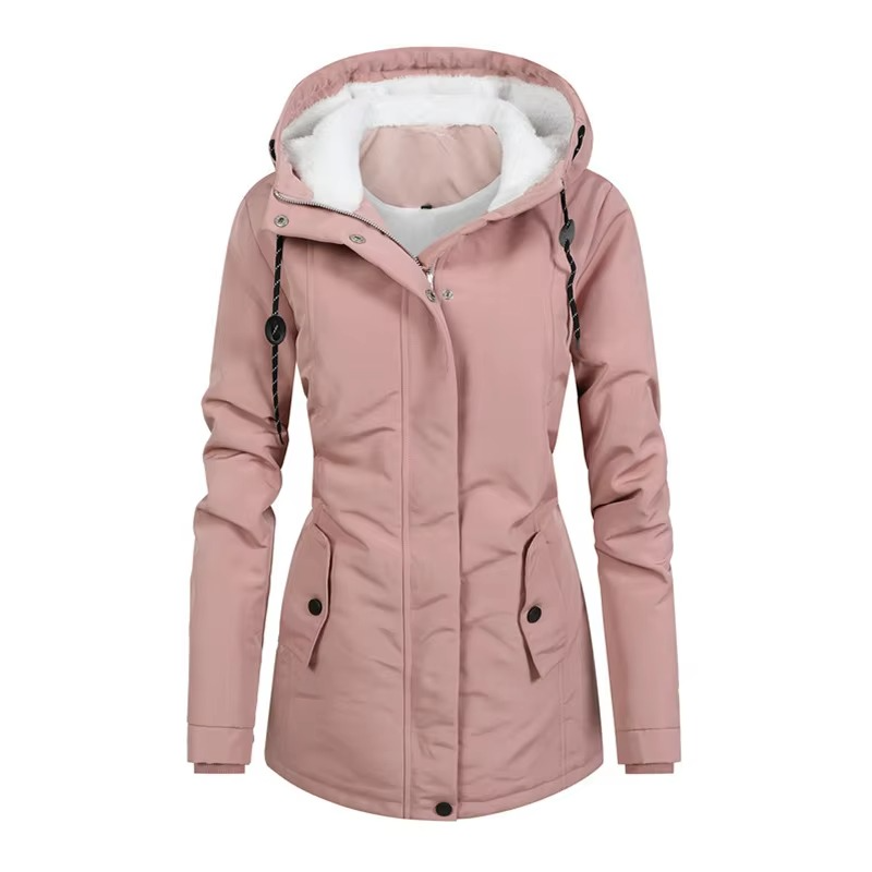 Women's mid-length hooded parka fleece-lined retro winter coat with plush insulation