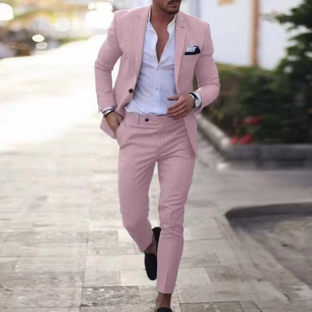Men's light beige linen two-piece blazer and pants suit set, slim fit, breathable for summer events
