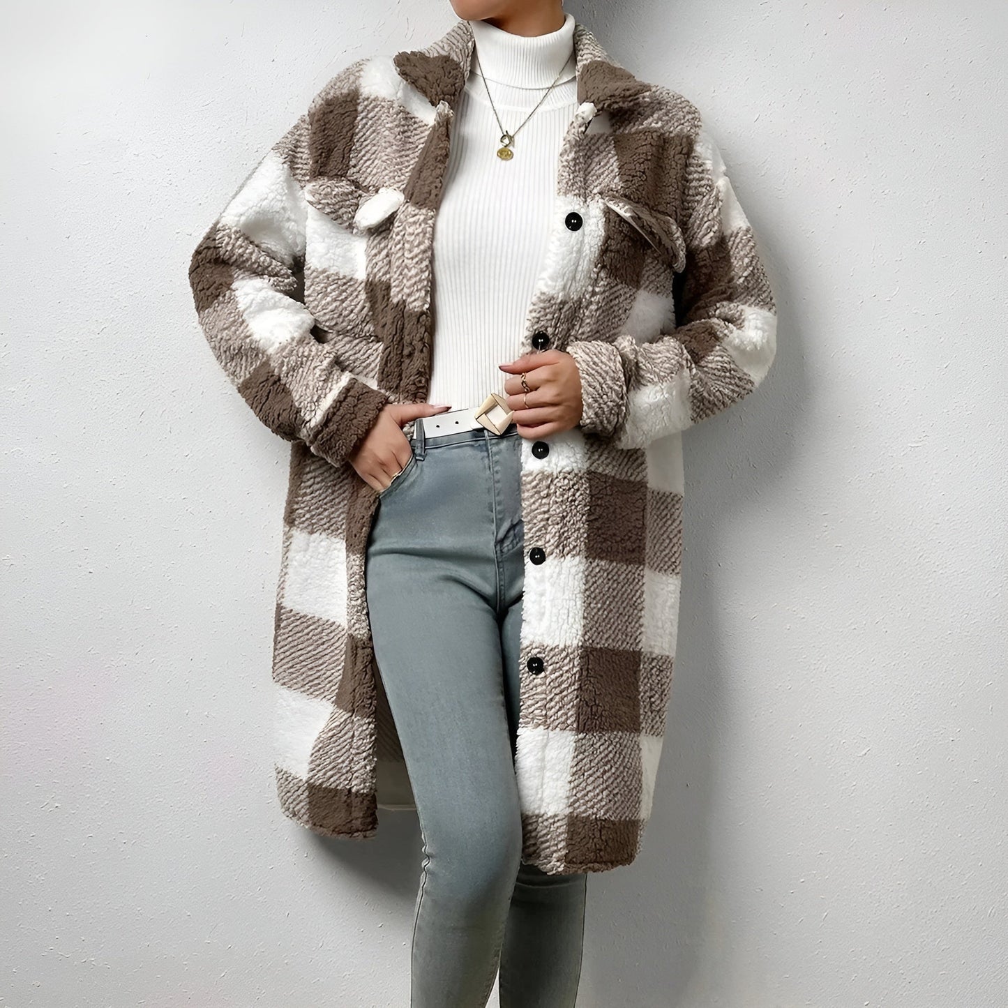Estella women's plaid fleece open trench coat, cozy fall layering piece in classic checkered pattern