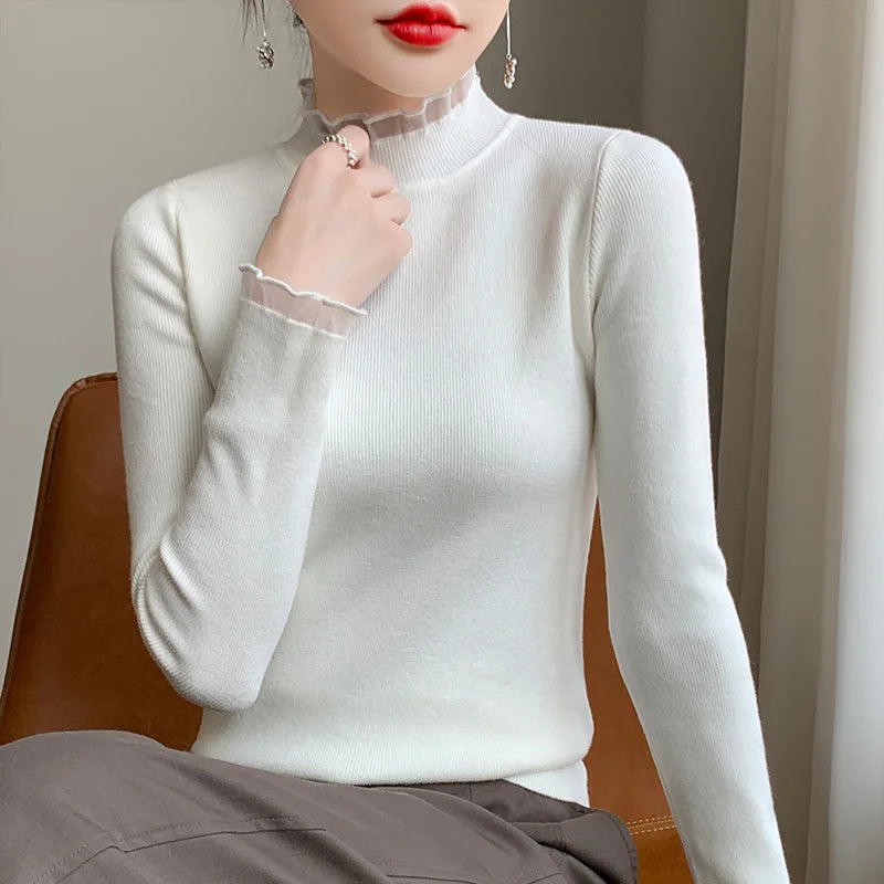 Fairlane ivory cashmere blend long sleeve top with charming ruffled mock neck for cozy coverage