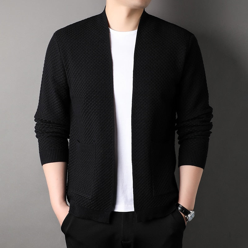 Men's slim fit beige textured knit cardigan with open-front silhouette and functional pockets