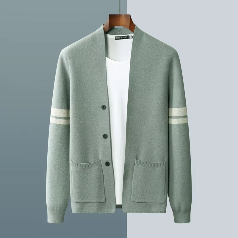 Men's casual wool knit V-neck cardigan sweater in neutral tone, slim fit with fine-gauge knit texture