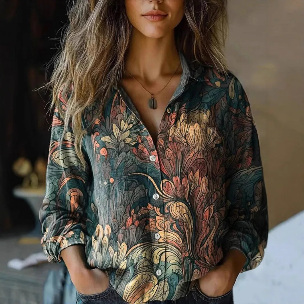 Women's terracotta floral print long sleeve button-down shirt with tapestry-inspired botanical pattern