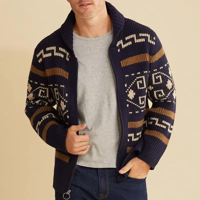 Men's vintage jacquard knit cardigan with shawl collar, zip closure, warm winter layering piece