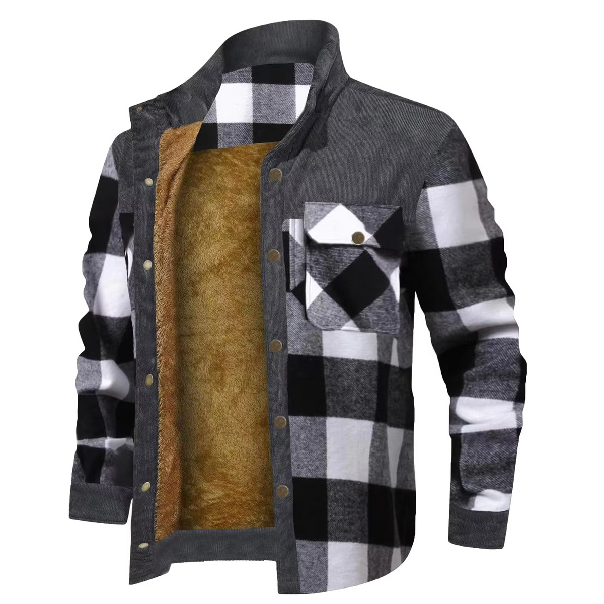 Men's gray flannel hooded shirt jacket with wool lining and front button closure