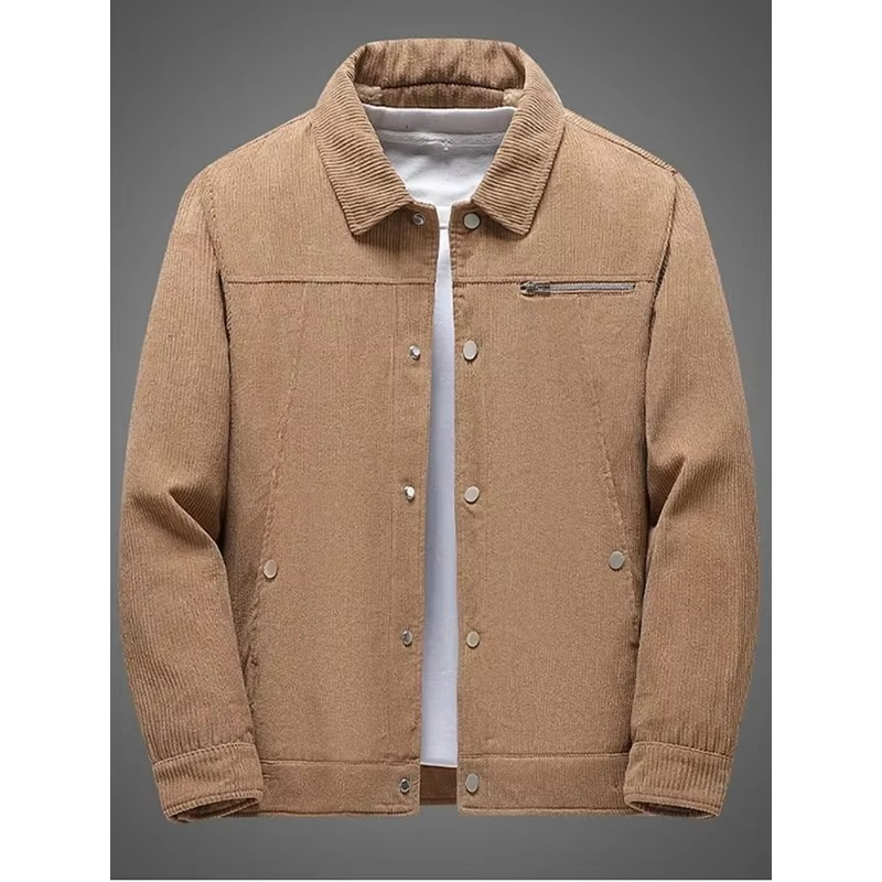 Men's brown corduroy fleece-lined cotton coat, classic autumn winter style with textured finish