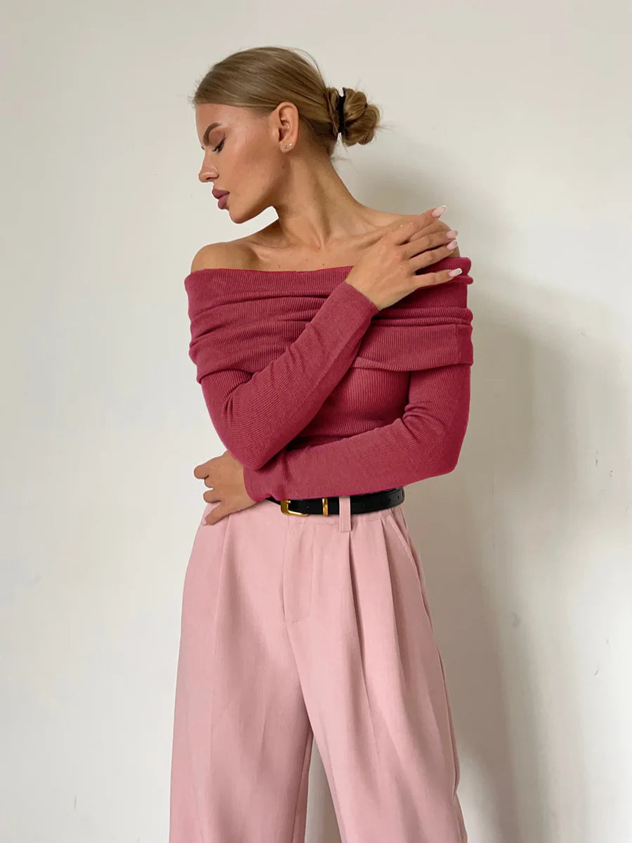 Women's cream ribbed knit off-shoulder sweatshirt fitted silhouette long sleeve top