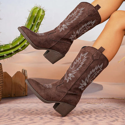 Women's black leather knee-high heeled boots with Western-inspired stitching details