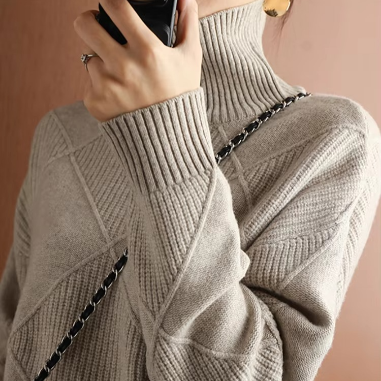 Women's oversized turtleneck knit sweater cozy pullover with soft draped silhouette for cool days