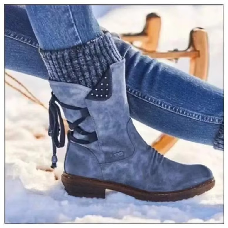 Women's faux suede mid-calf winter boots with warm fleece lining and slip-resistant sole
