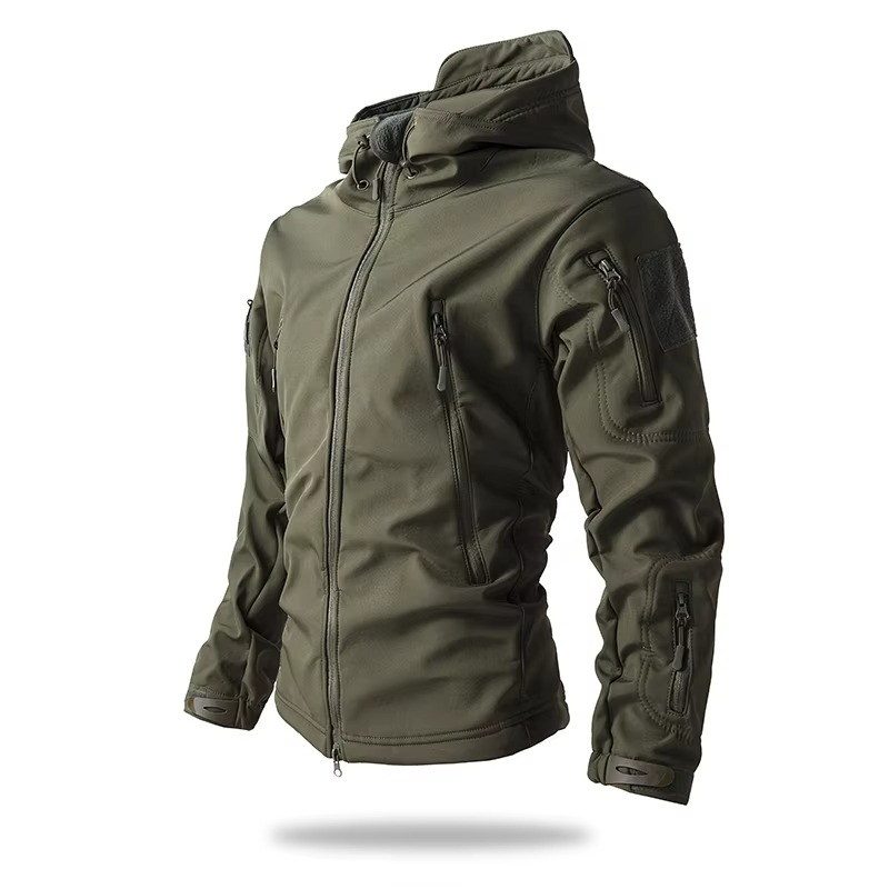 Men's gray soft shell fleece jacket windproof lightweight slim fit with zip-up collar