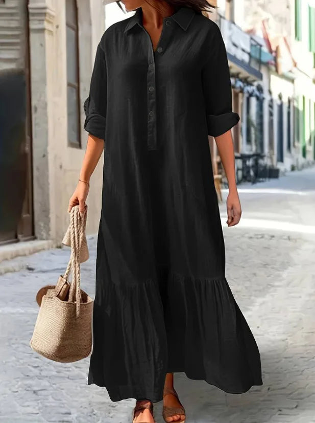 Tiered shirt maxi dress in breathable cotton, ankle-length relaxed silhouette with polished layered structure