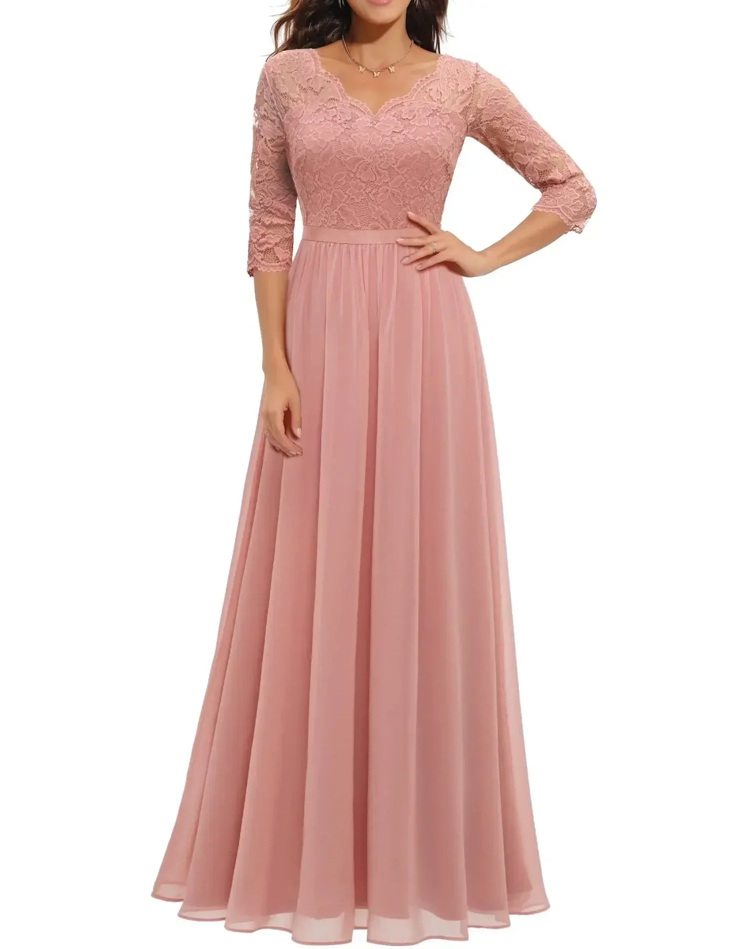 Women's elegant long lace dress with flattering lace bodice, perfect for formal occasions