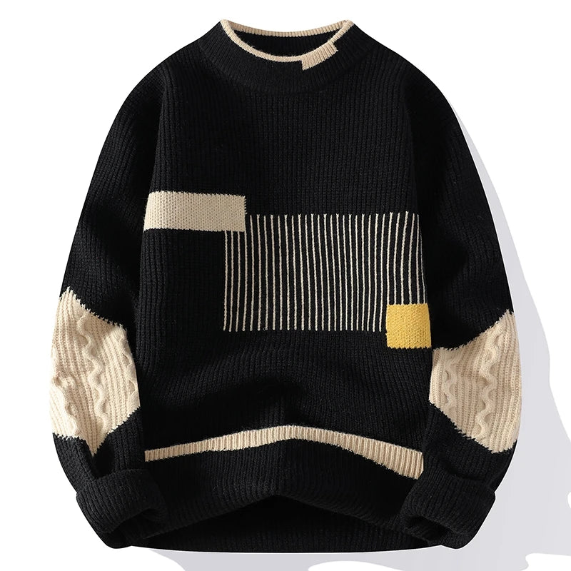 Multicolor patchwork knitted pullover with crew neck, classic unisex fit, and bold contrasting textures